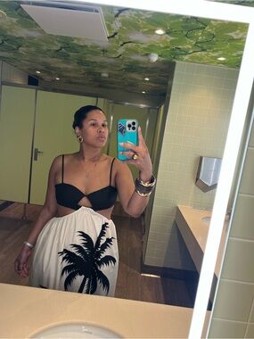 SHEIN Black & Cream Palm-Print Cutout Maxi Dress